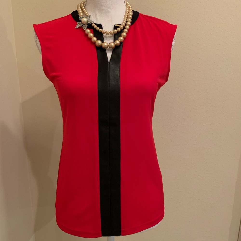 Calvin Klein Red Top with Leather Insert Size XS